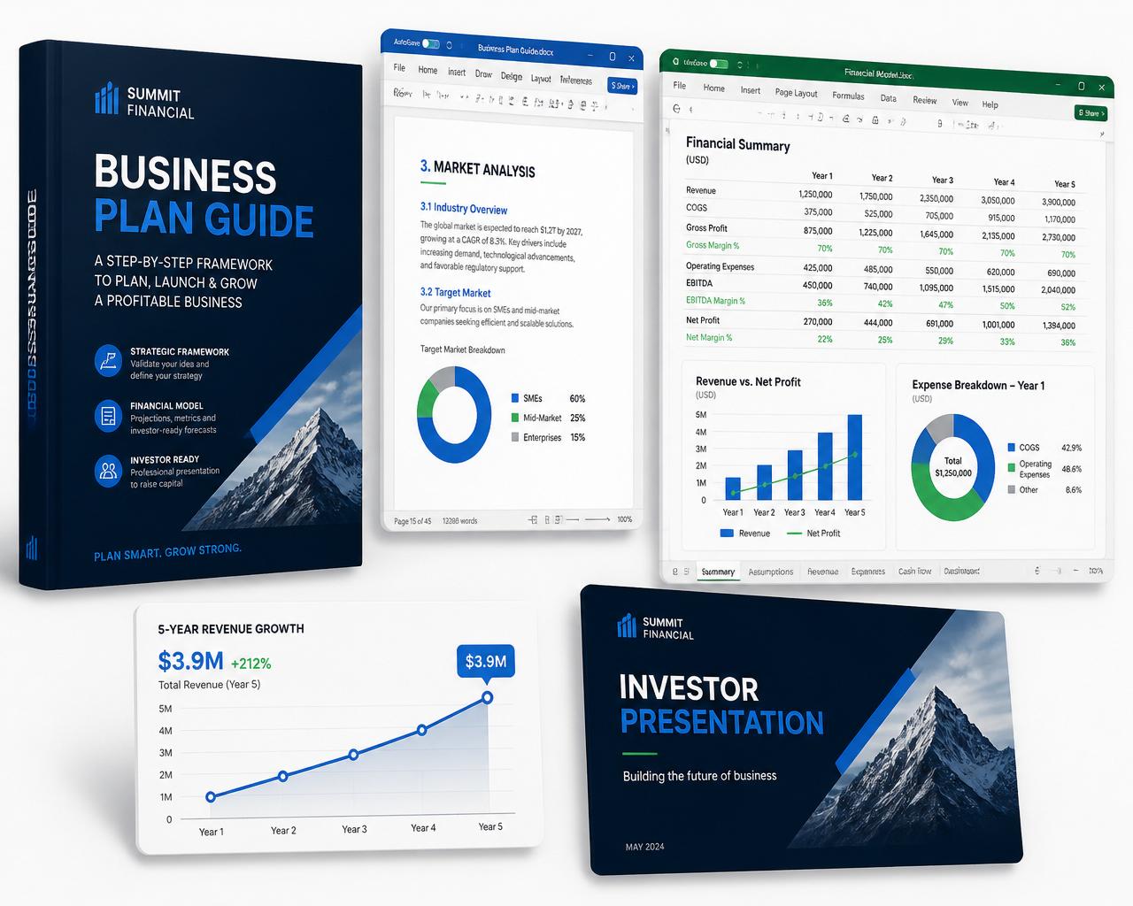 Guida business plan, modello Word, modello finanziario Excel e presentazione per investitori di Plan Go Up